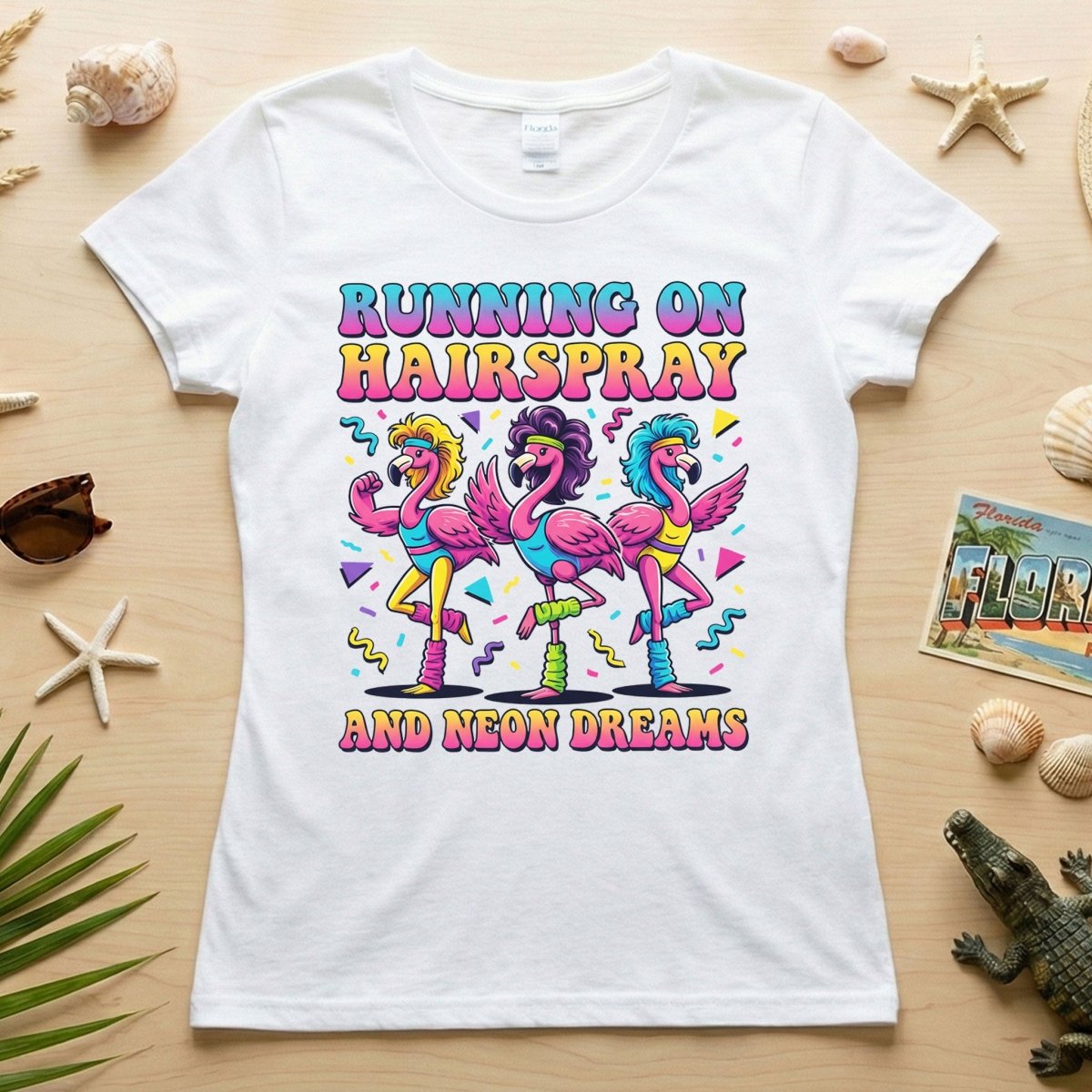 Running on Hairspray and Neon Dreams T-Shirt - Funny 80s Aerobics Retro Flamingo Tee - FlamingoAholic