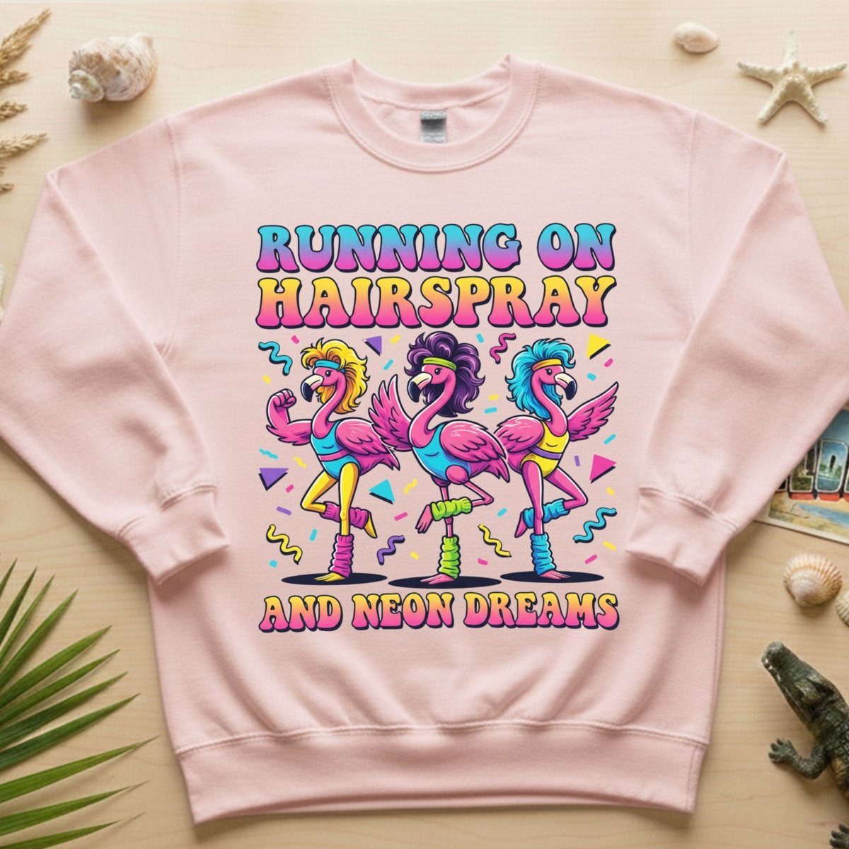 Running on Hairspray and Neon Dreams T-Shirt - Funny 80s Aerobics Retro Flamingo Tee - FlamingoAholic
