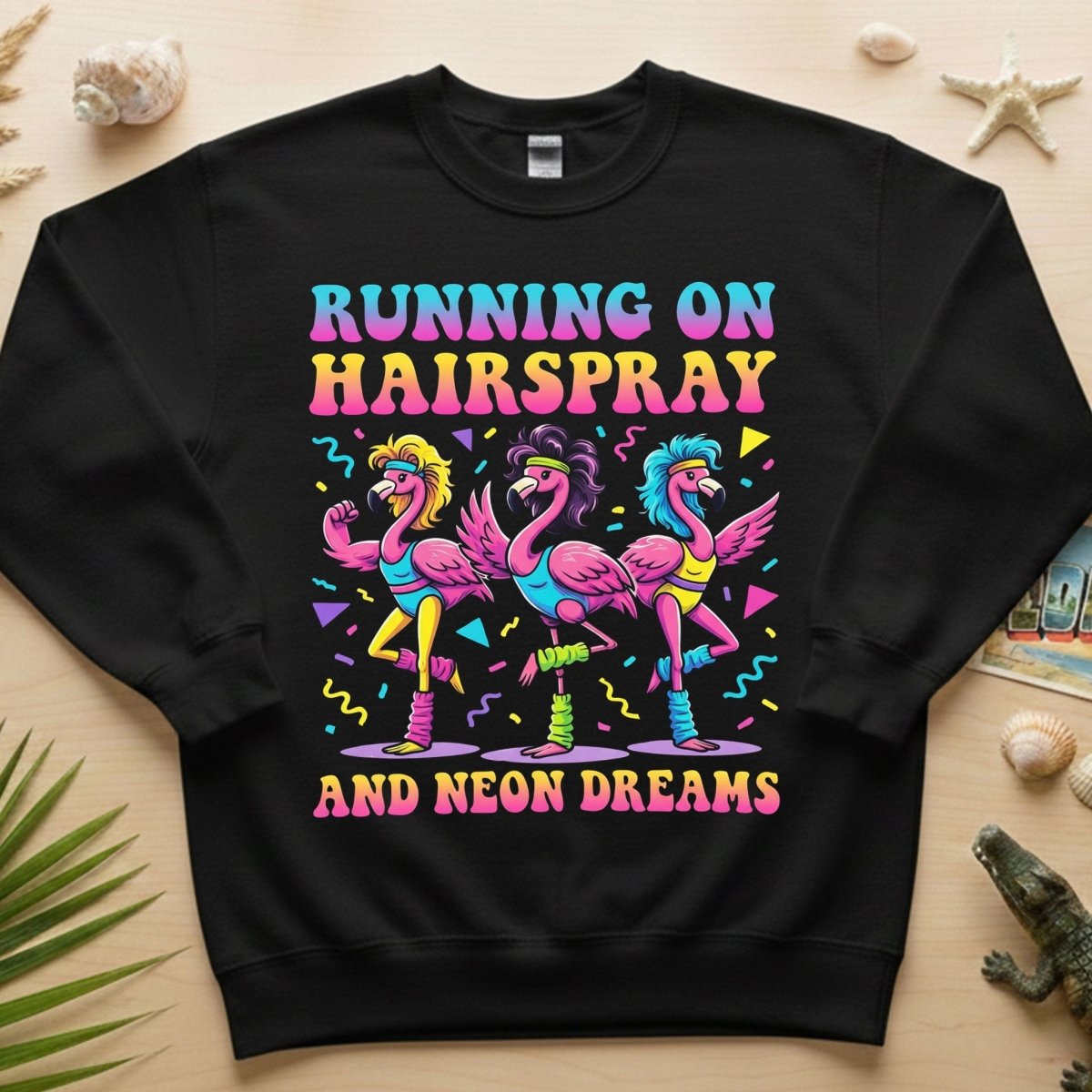 Running on Hairspray and Neon Dreams T-Shirt - Funny 80s Aerobics Retro Flamingo Tee - FlamingoAholic