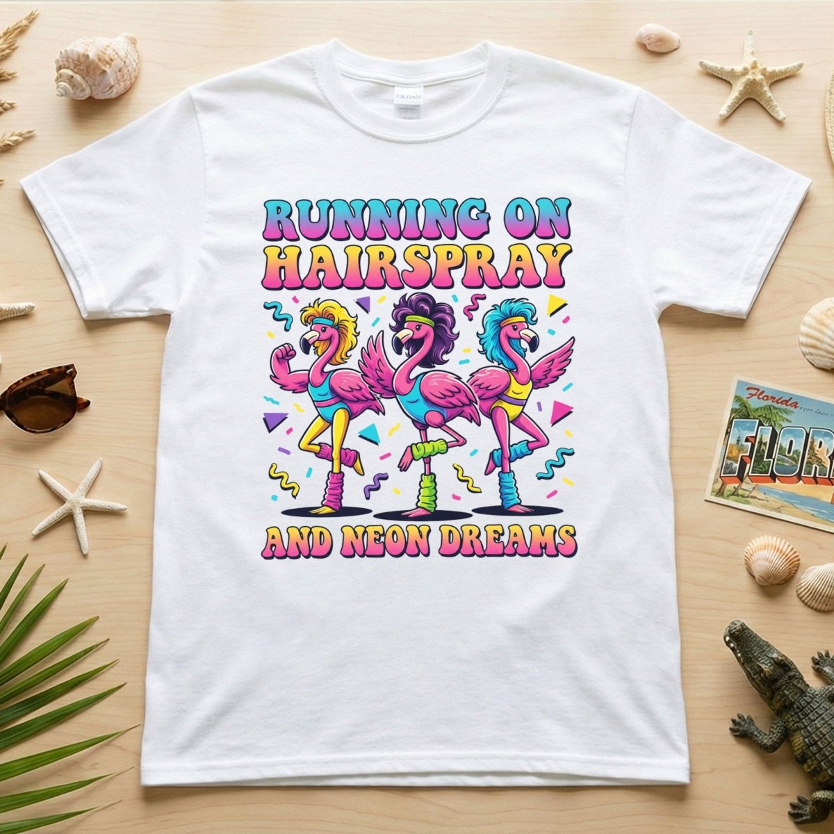 Running on Hairspray and Neon Dreams T-Shirt - Funny 80s Aerobics Retro Flamingo Tee - FlamingoAholic