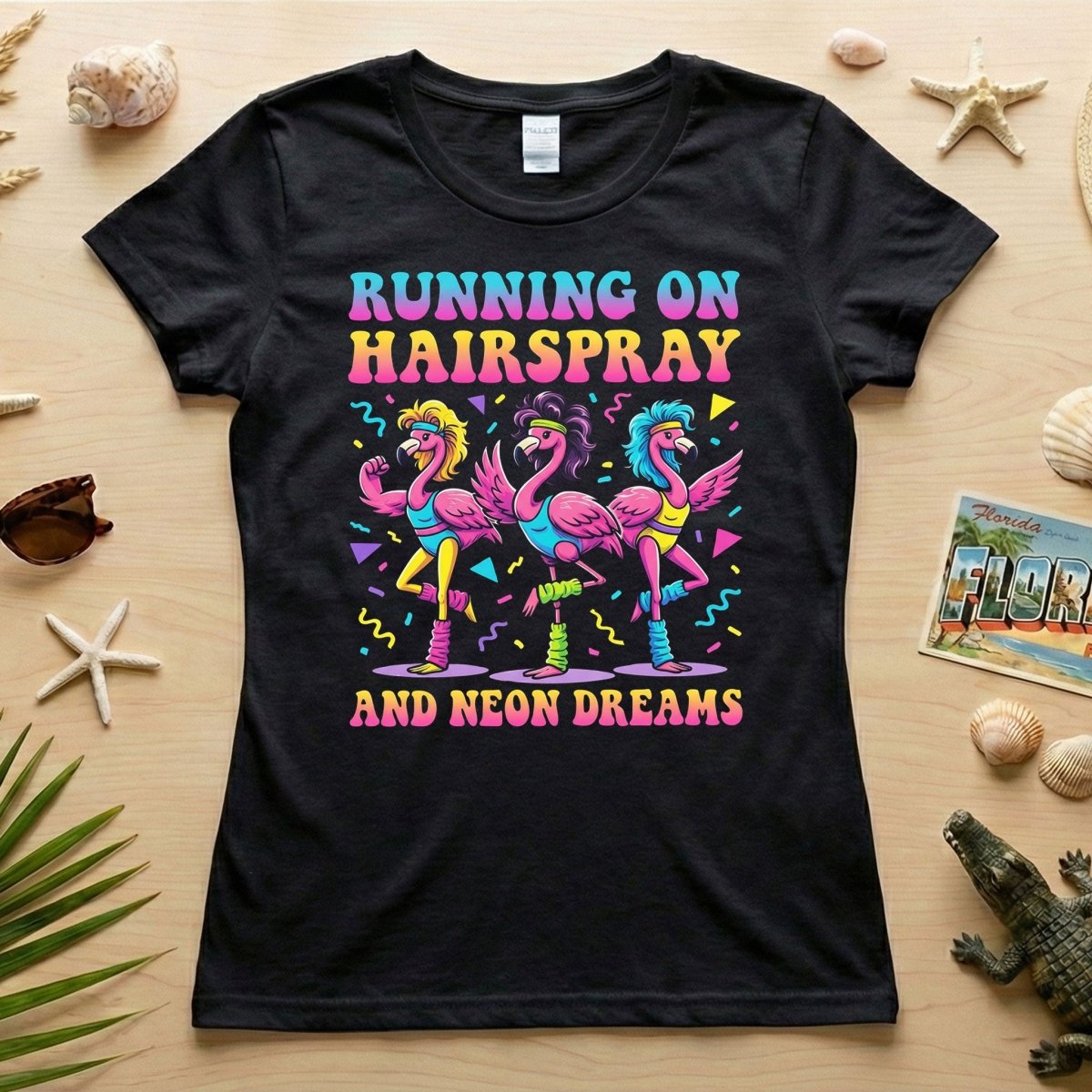 Running on Hairspray and Neon Dreams T-Shirt - Funny 80s Aerobics Retro Flamingo Tee - FlamingoAholic