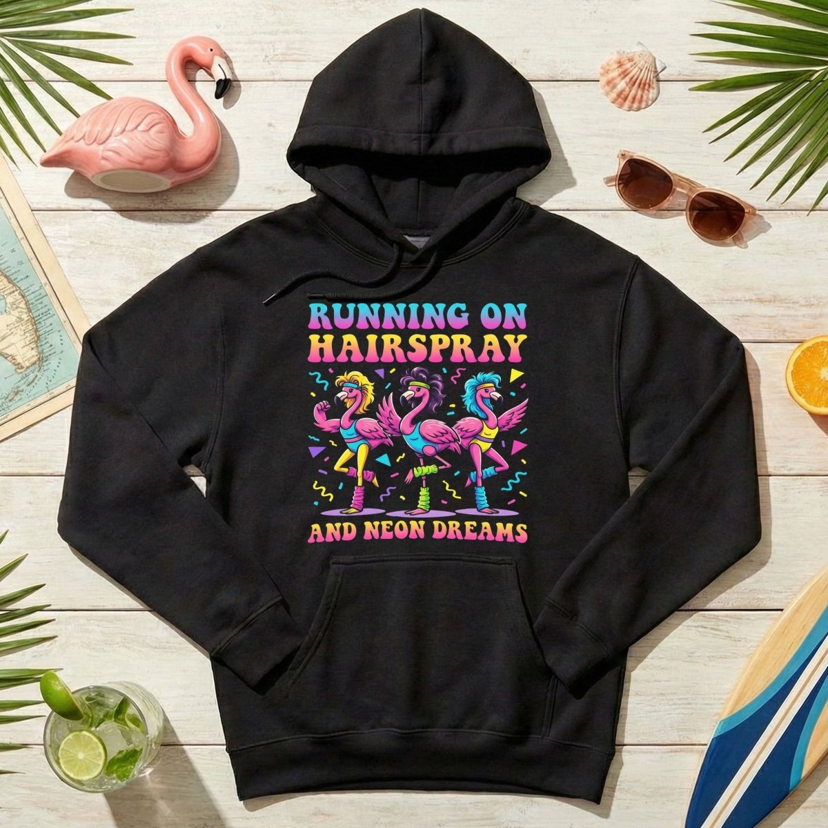 Running on Hairspray and Neon Dreams T-Shirt - Funny 80s Aerobics Retro Flamingo Tee - FlamingoAholic