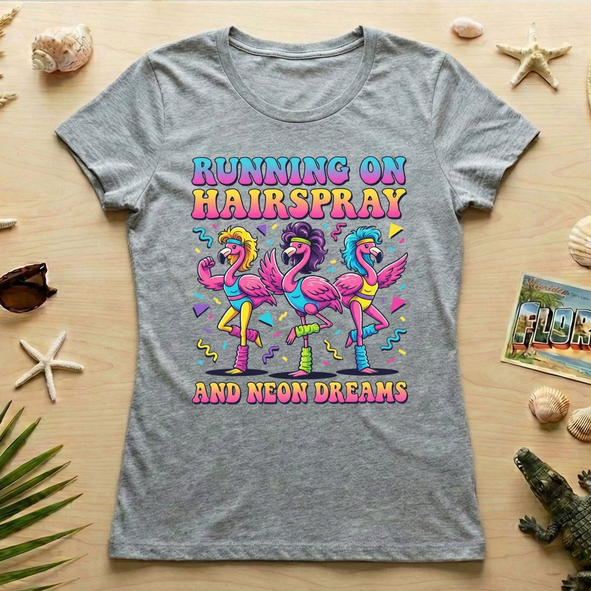 Running on Hairspray and Neon Dreams T-Shirt - Funny 80s Aerobics Retro Flamingo Tee - FlamingoAholic