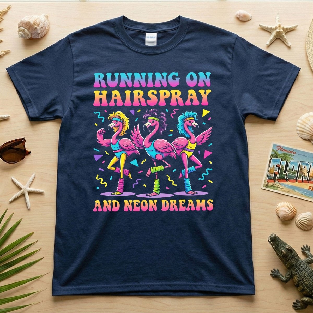 Running on Hairspray and Neon Dreams T-Shirt - Funny 80s Aerobics Retro Flamingo Tee - FlamingoAholic