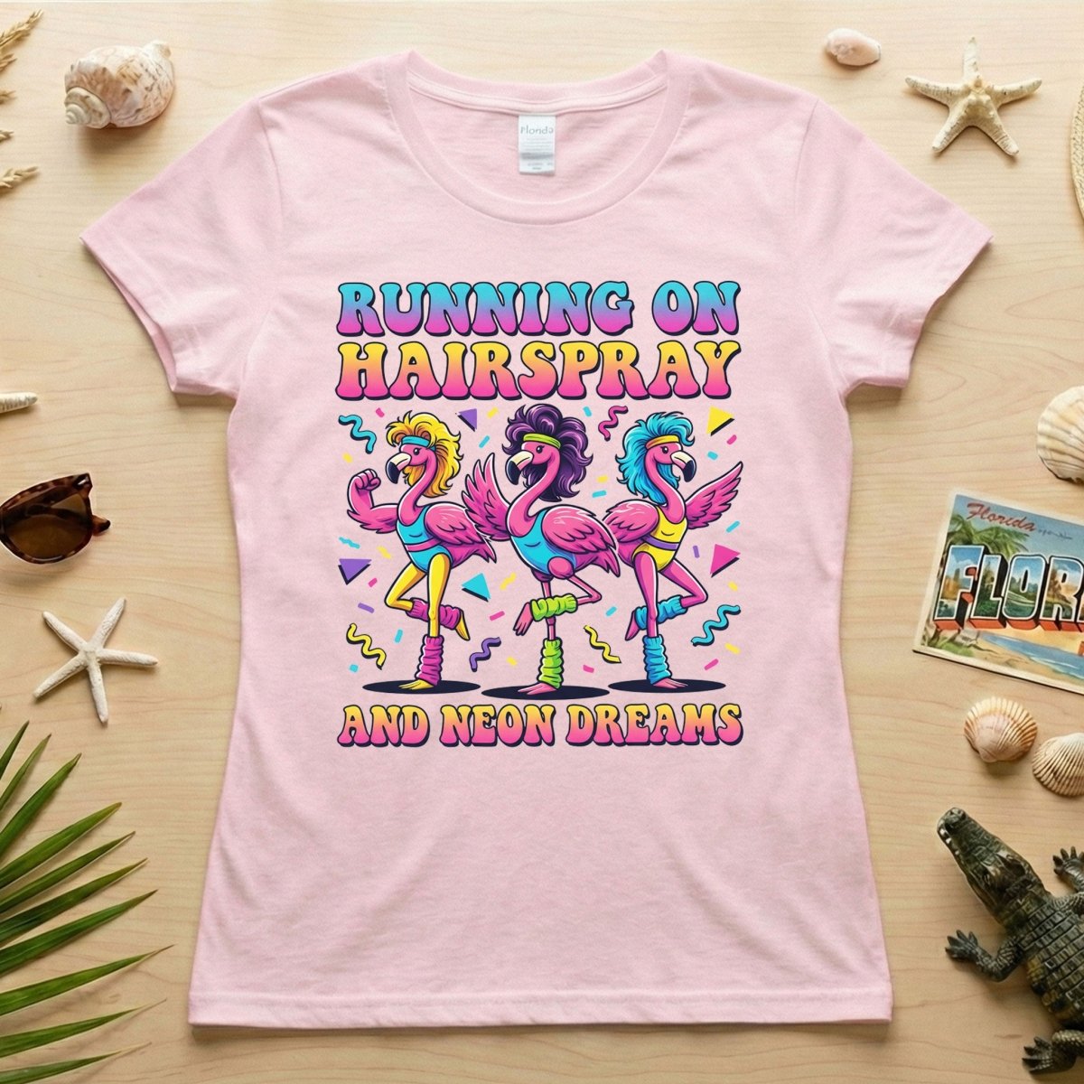 Running on Hairspray and Neon Dreams T-Shirt - Funny 80s Aerobics Retro Flamingo Tee - FlamingoAholic