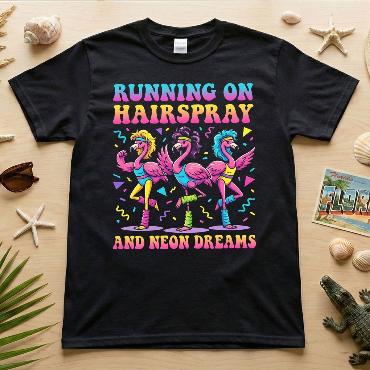 Running on Hairspray and Neon Dreams T-Shirt - Funny 80s Aerobics Retro Flamingo Tee - FlamingoAholic