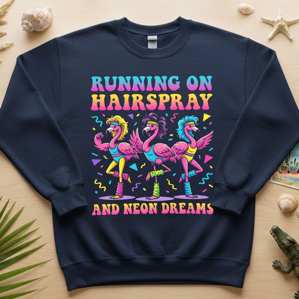 Running on Hairspray and Neon Dreams T-Shirt - Funny 80s Aerobics Retro Flamingo Tee - FlamingoAholic