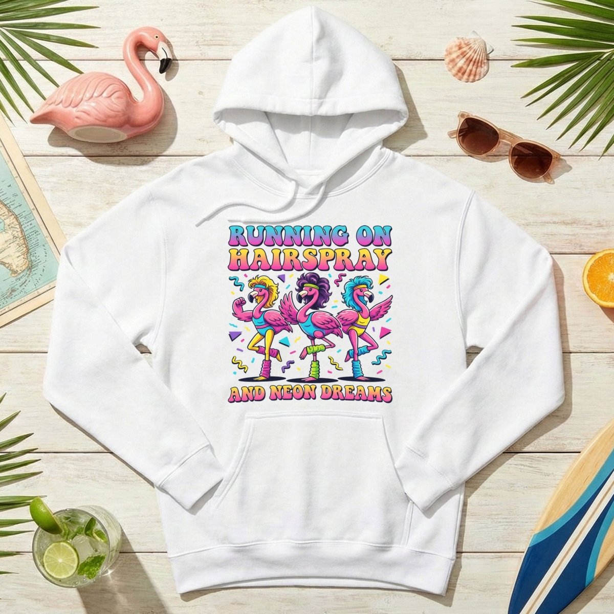 Running on Hairspray and Neon Dreams T-Shirt - Funny 80s Aerobics Retro Flamingo Tee - FlamingoAholic