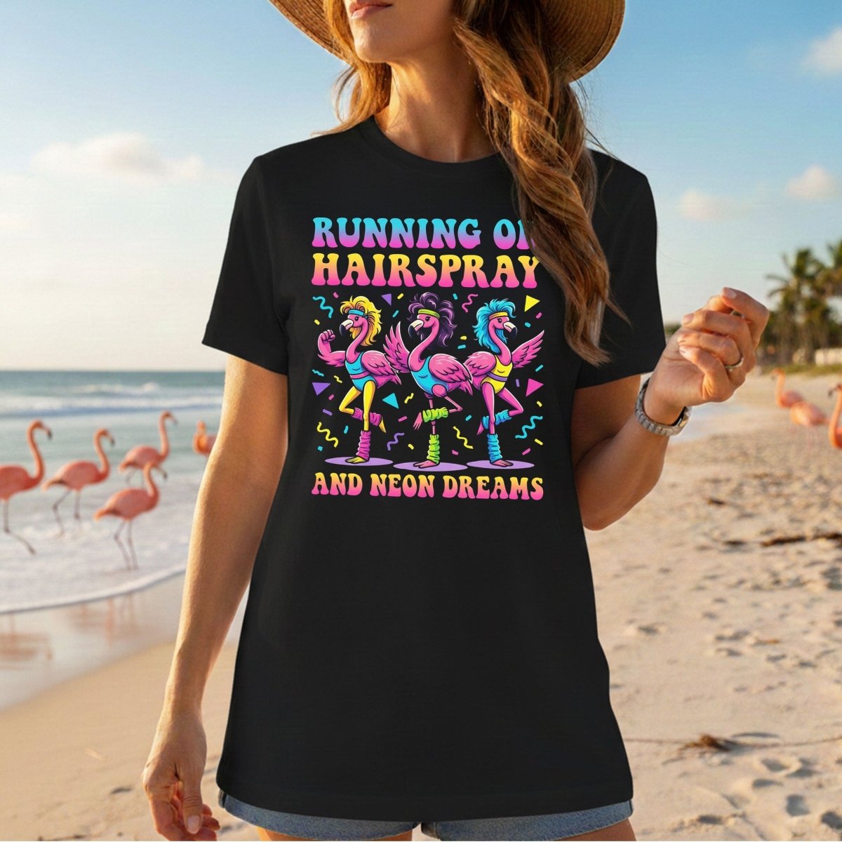 Running on Hairspray and Neon Dreams T-Shirt - Funny 80s Aerobics Retro Flamingo Tee - FlamingoAholic