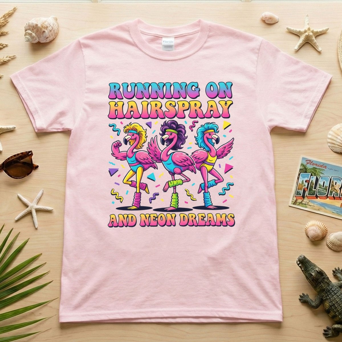 Running on Hairspray and Neon Dreams T-Shirt - Funny 80s Aerobics Retro Flamingo Tee - FlamingoAholic