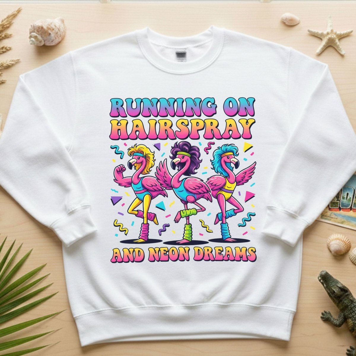 Running on Hairspray and Neon Dreams T-Shirt - Funny 80s Aerobics Retro Flamingo Tee - FlamingoAholic