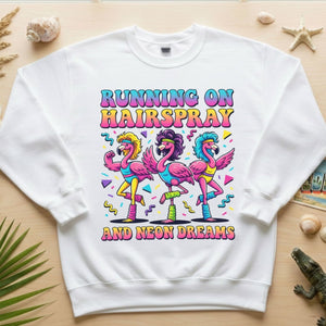 Running on Hairspray and Neon Dreams T-Shirt - Funny 80s Aerobics Retro Flamingo Tee - FlamingoAholic