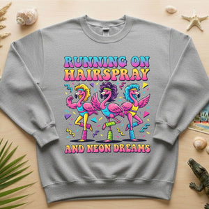 Running on Hairspray and Neon Dreams T-Shirt - Funny 80s Aerobics Retro Flamingo Tee - FlamingoAholic