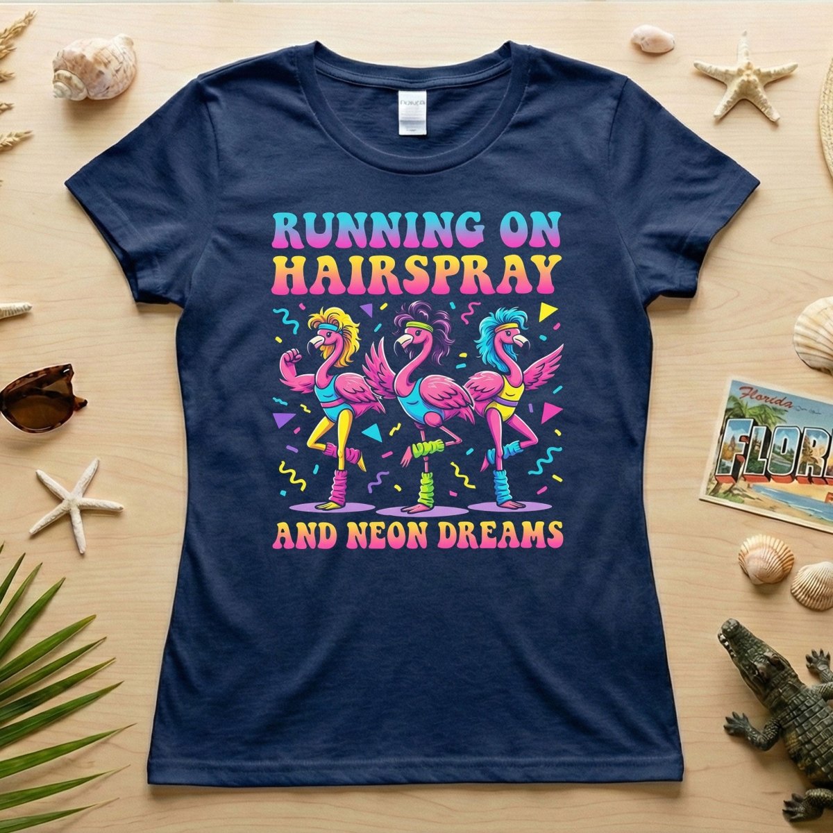 Running on Hairspray and Neon Dreams T-Shirt - Funny 80s Aerobics Retro Flamingo Tee - FlamingoAholic