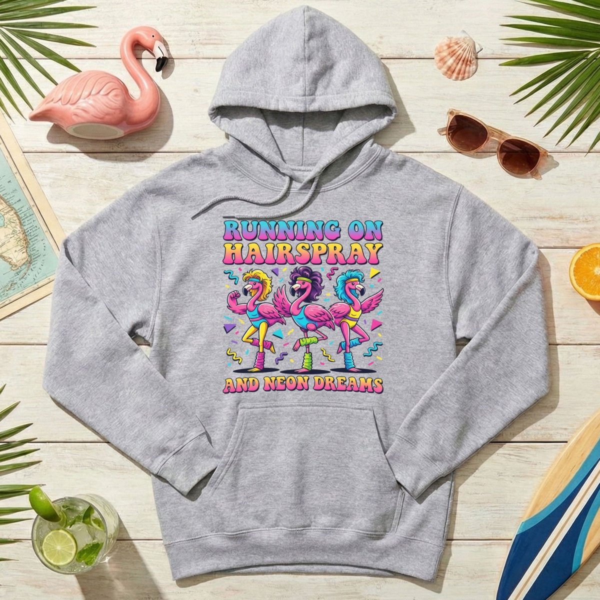 Running on Hairspray and Neon Dreams T-Shirt - Funny 80s Aerobics Retro Flamingo Tee - FlamingoAholic