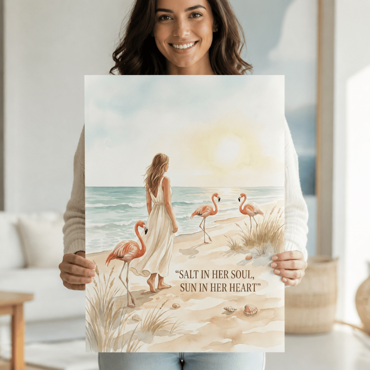 Salt in Her Soul Sun in Her Heart Poster, Flamingo Beach Wall Art, Coastal Wall Decor for Women - FlamingoAholic