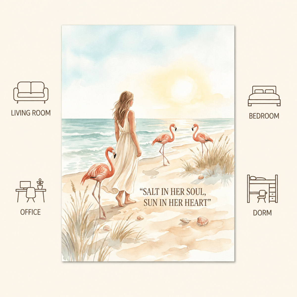 Salt in Her Soul Sun in Her Heart Poster, Flamingo Beach Wall Art, Coastal Wall Decor for Women - FlamingoAholic