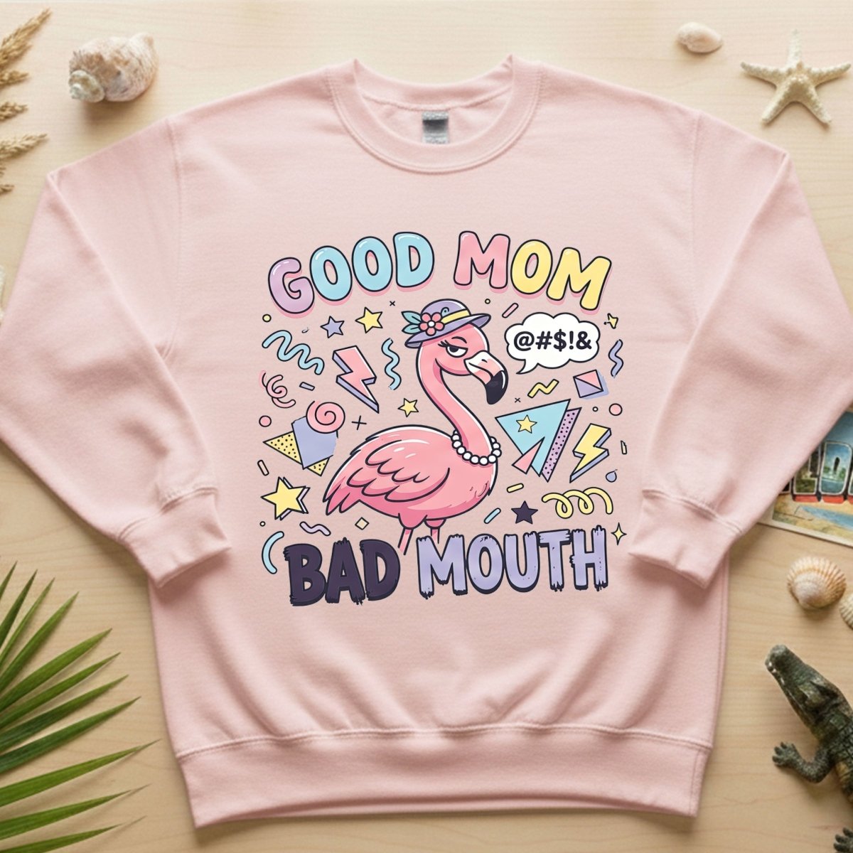 Sarcastic Flamingo "Good Mom Bad Mouth" T-Shirt - Funny Mom Life Humor Graphic Tee - FlamingoAholic