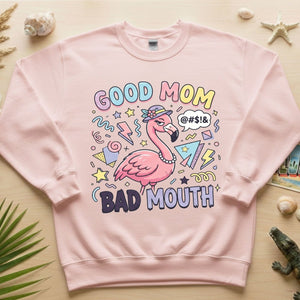 Sarcastic Flamingo "Good Mom Bad Mouth" T-Shirt - Funny Mom Life Humor Graphic Tee - FlamingoAholic
