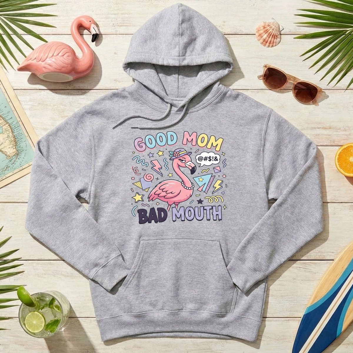 Sarcastic Flamingo "Good Mom Bad Mouth" T-Shirt - Funny Mom Life Humor Graphic Tee - FlamingoAholic