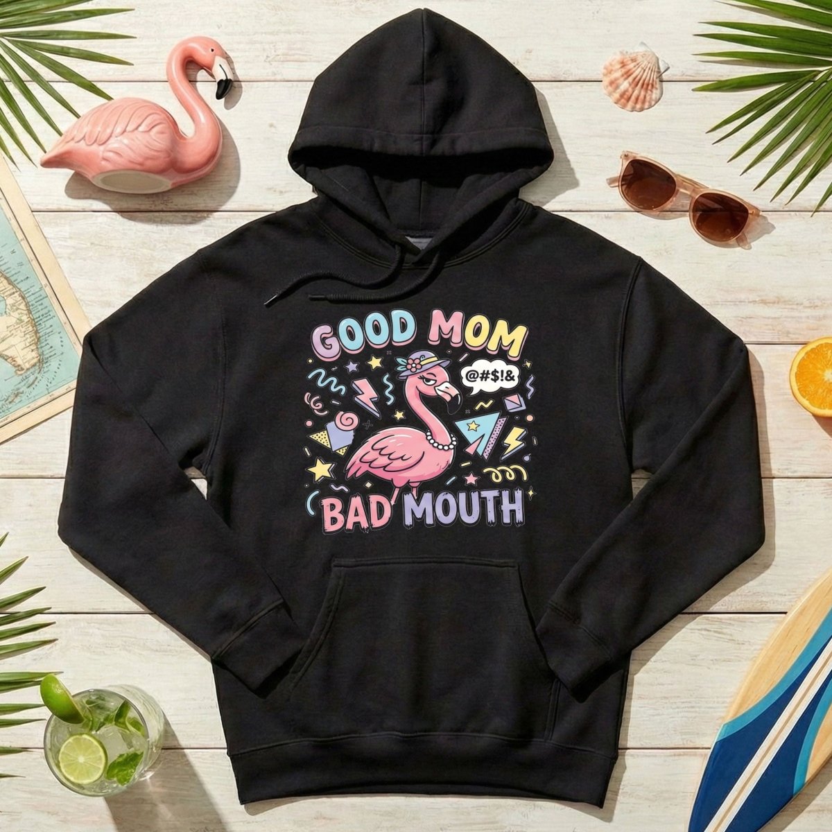 Sarcastic Flamingo "Good Mom Bad Mouth" T-Shirt - Funny Mom Life Humor Graphic Tee - FlamingoAholic