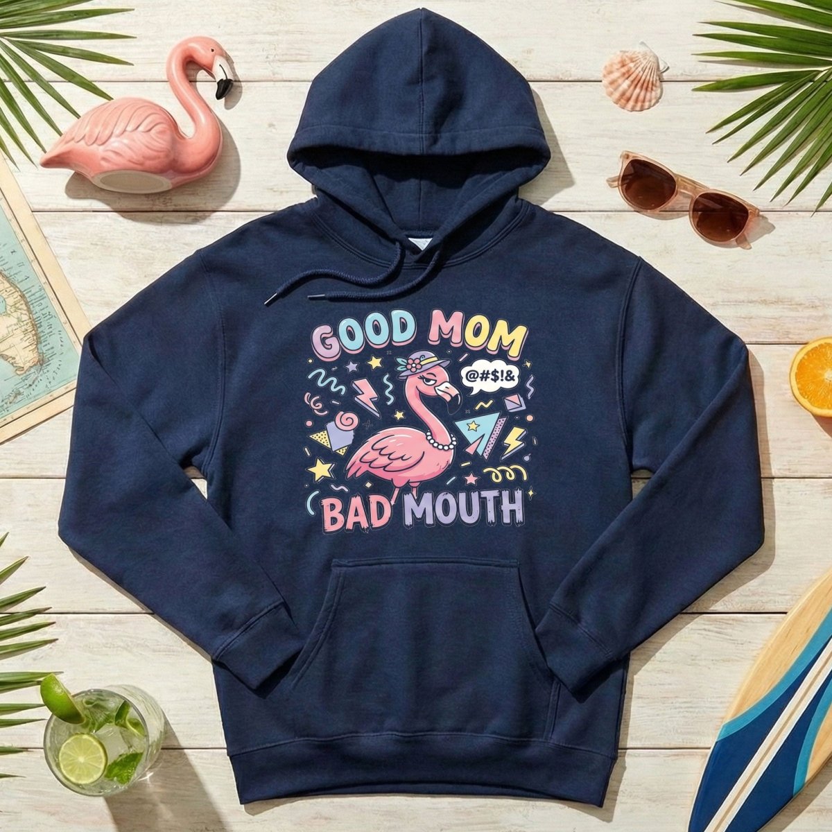 Sarcastic Flamingo "Good Mom Bad Mouth" T-Shirt - Funny Mom Life Humor Graphic Tee - FlamingoAholic