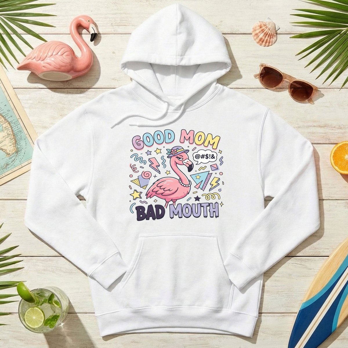 Sarcastic Flamingo "Good Mom Bad Mouth" T-Shirt - Funny Mom Life Humor Graphic Tee - FlamingoAholic