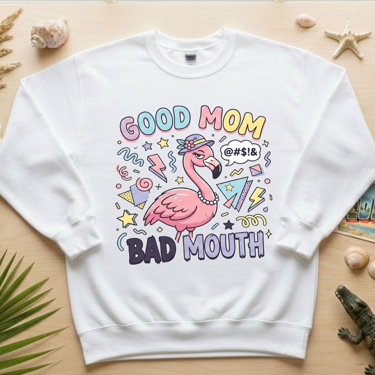 Sarcastic Flamingo "Good Mom Bad Mouth" T-Shirt - Funny Mom Life Humor Graphic Tee - FlamingoAholic