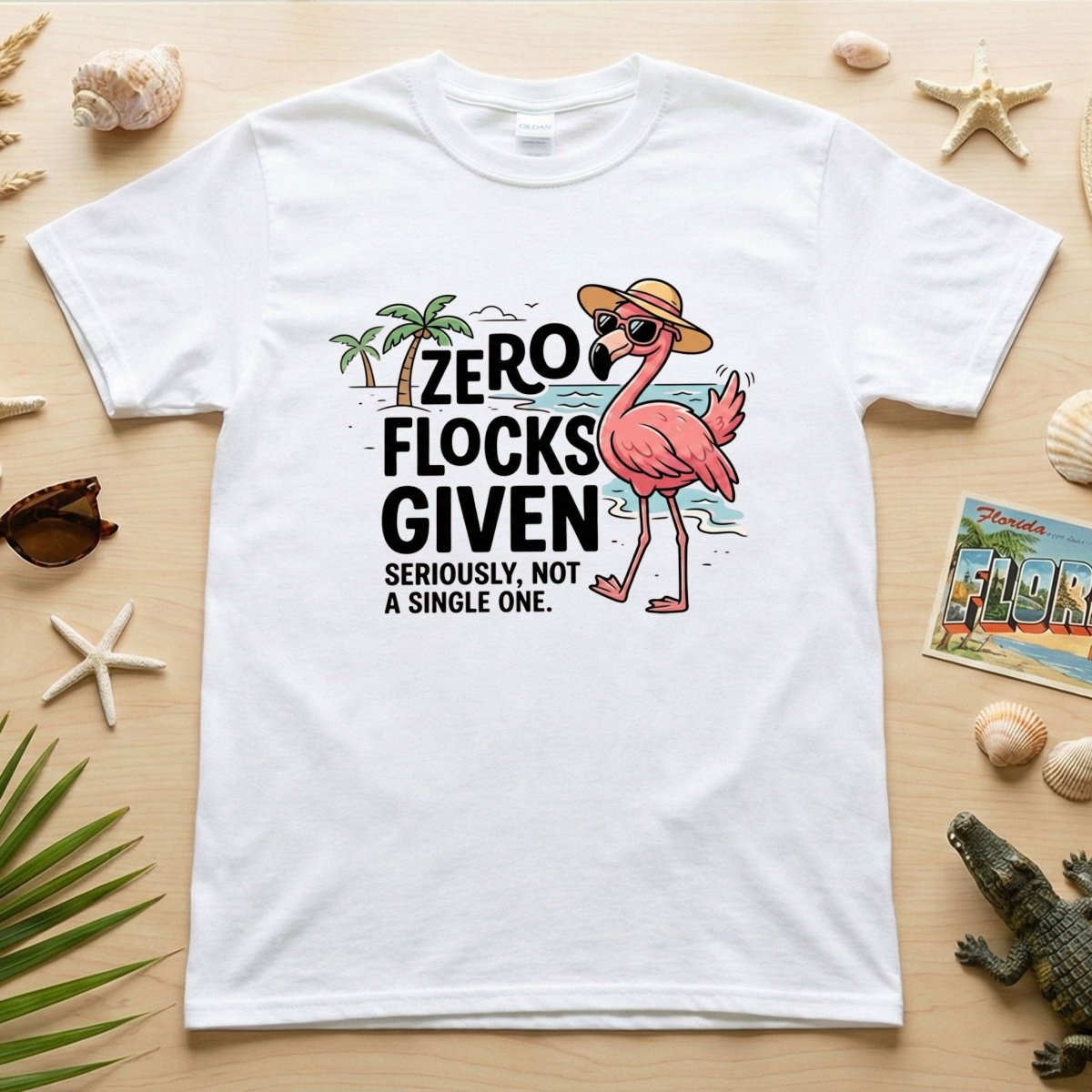 Sarcastic Flamingo Graphic T-Shirt - Zero Flocks Given Sassy Vacation Tee - FlamingoAholic