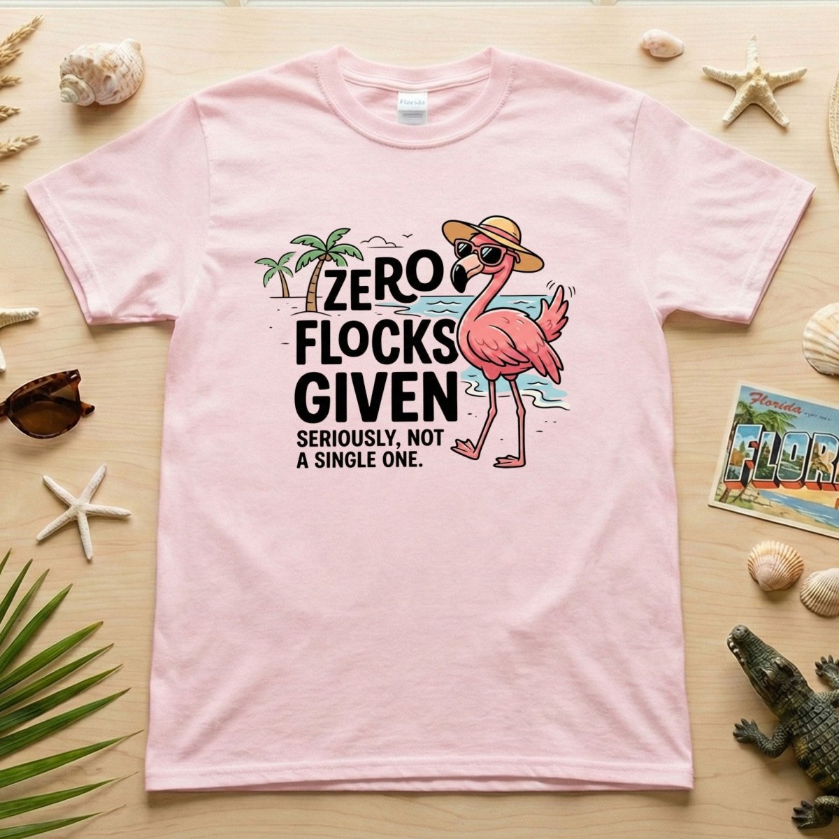 Sarcastic Flamingo Graphic T-Shirt - Zero Flocks Given Sassy Vacation Tee - FlamingoAholic