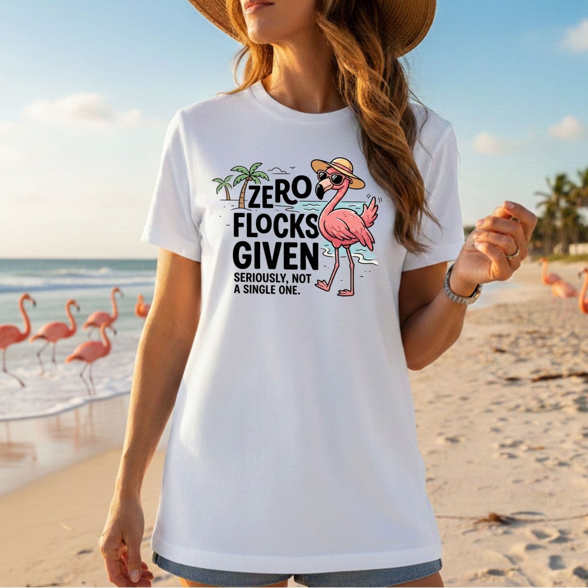 Sarcastic Flamingo Graphic T-Shirt - Zero Flocks Given Sassy Vacation Tee - FlamingoAholic