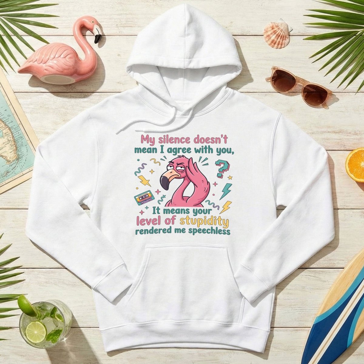 Sarcastic Flamingo "My Silence Doesn't Mean I Agree" T-Shirt - Retro 80s Humor Tee for Sassy Women - FlamingoAholic