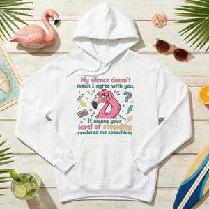 Sarcastic Flamingo "My Silence Doesn't Mean I Agree" T-Shirt - Retro 80s Humor Tee for Sassy Women - FlamingoAholic