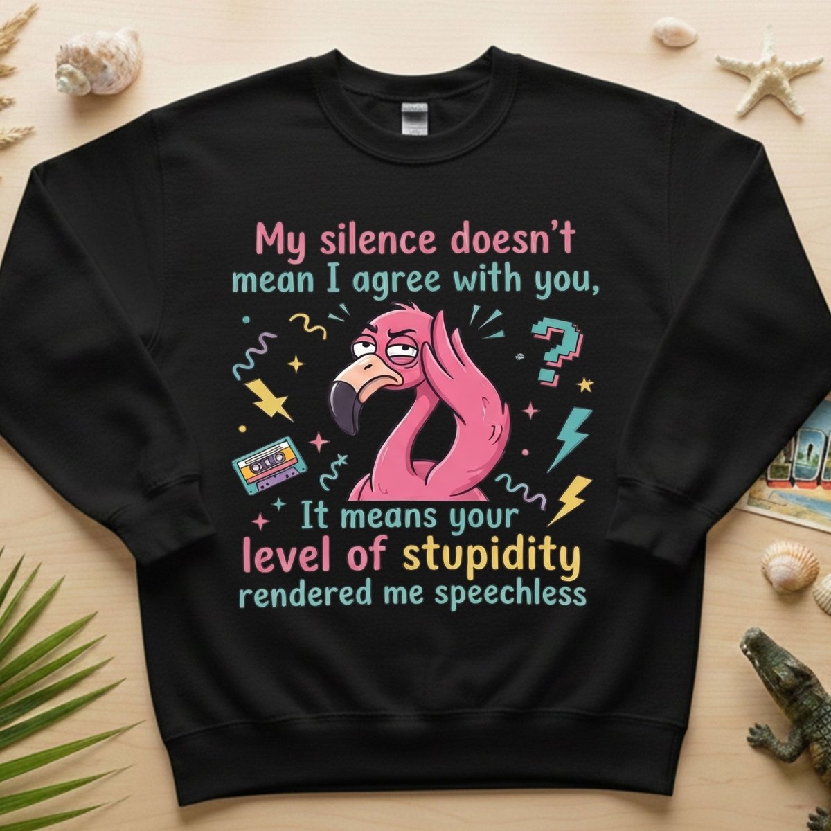 Sarcastic Flamingo "My Silence Doesn't Mean I Agree" T-Shirt - Retro 80s Humor Tee for Sassy Women - FlamingoAholic