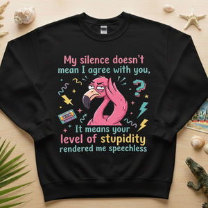 Sarcastic Flamingo "My Silence Doesn't Mean I Agree" T-Shirt - Retro 80s Humor Tee for Sassy Women - FlamingoAholic