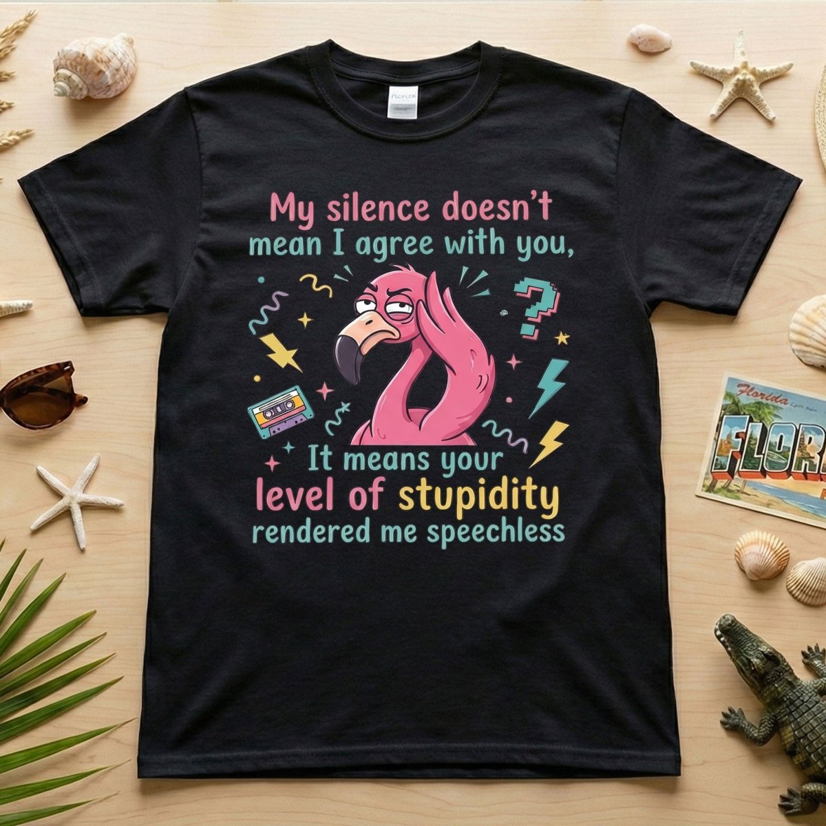 Sarcastic Flamingo "My Silence Doesn't Mean I Agree" T-Shirt - Retro 80s Humor Tee for Sassy Women - FlamingoAholic