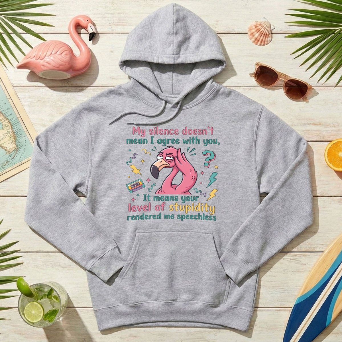 Sarcastic Flamingo "My Silence Doesn't Mean I Agree" T-Shirt - Retro 80s Humor Tee for Sassy Women - FlamingoAholic