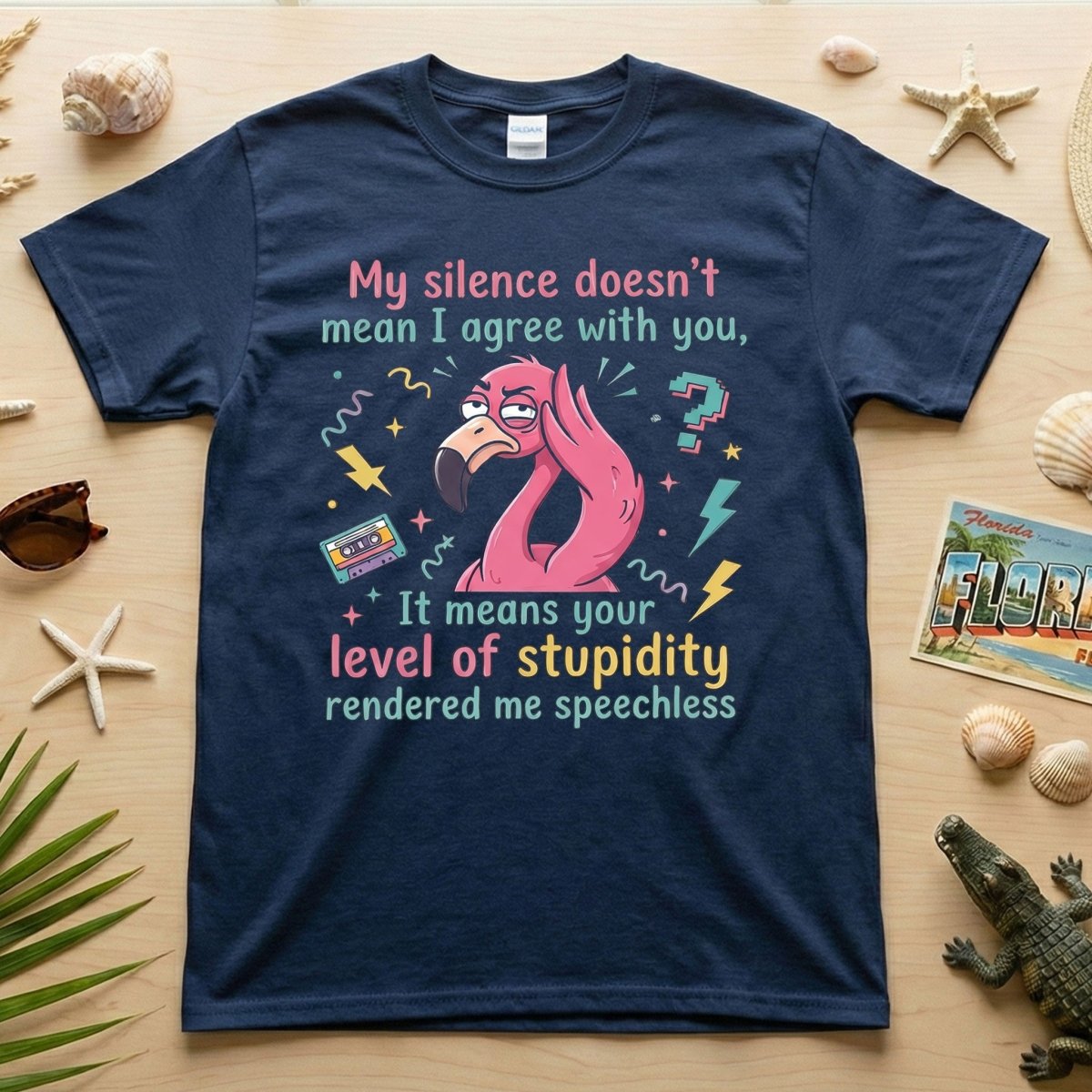 Sarcastic Flamingo "My Silence Doesn't Mean I Agree" T-Shirt - Retro 80s Humor Tee for Sassy Women - FlamingoAholic