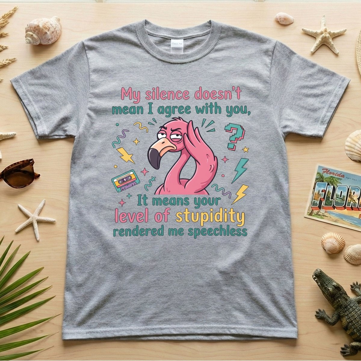 Sarcastic Flamingo "My Silence Doesn't Mean I Agree" T-Shirt - Retro 80s Humor Tee for Sassy Women - FlamingoAholic