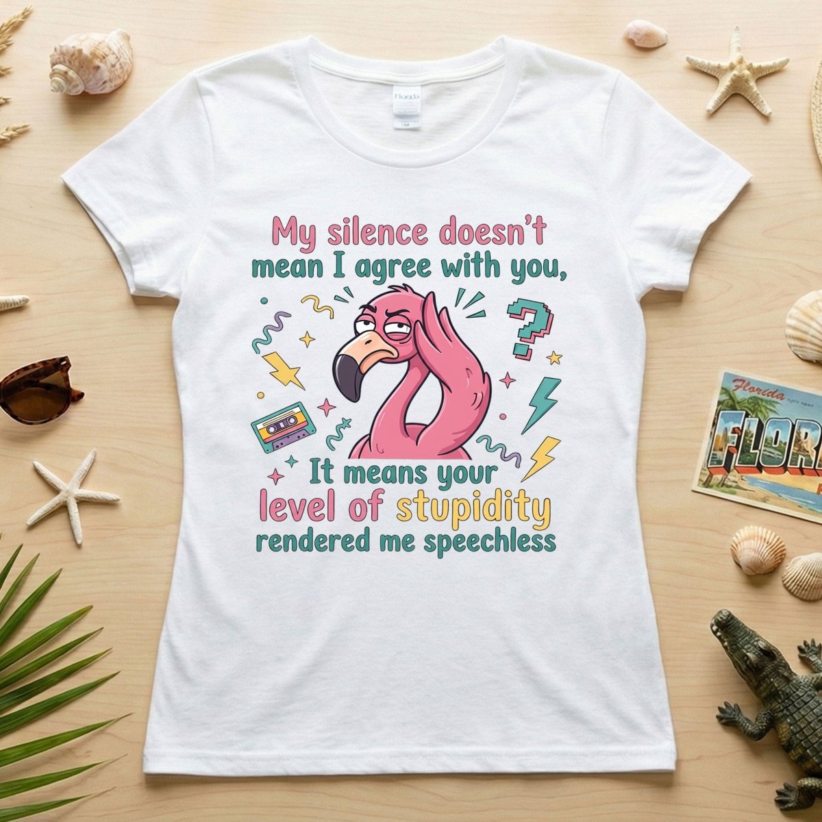 Sarcastic Flamingo "My Silence Doesn't Mean I Agree" T-Shirt - Retro 80s Humor Tee for Sassy Women - FlamingoAholic