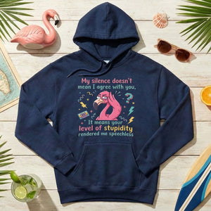 Sarcastic Flamingo "My Silence Doesn't Mean I Agree" T-Shirt - Retro 80s Humor Tee for Sassy Women - FlamingoAholic