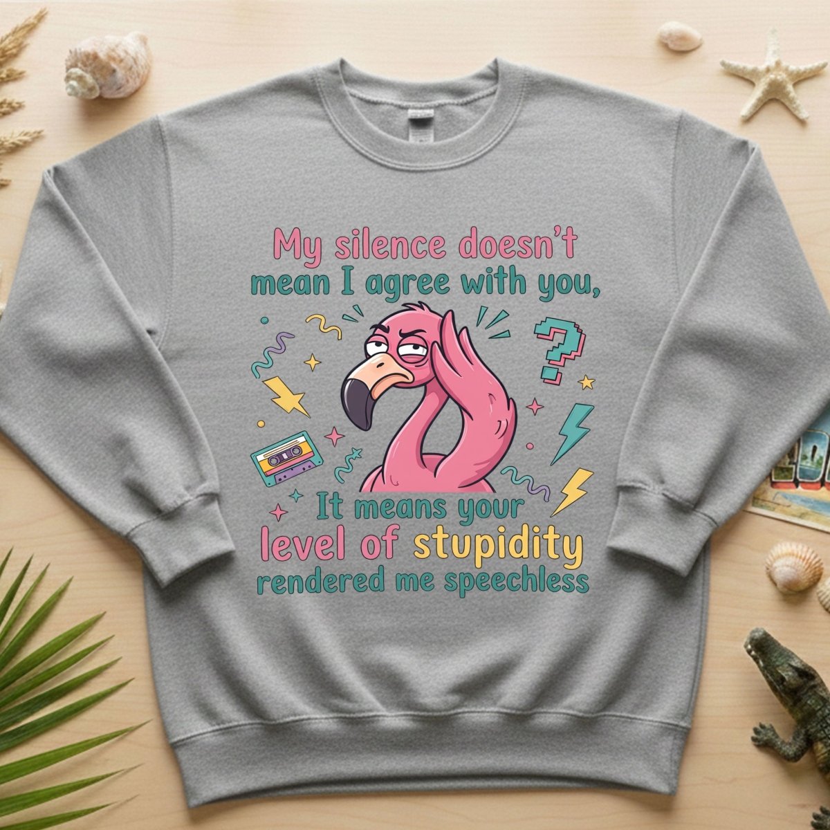 Sarcastic Flamingo "My Silence Doesn't Mean I Agree" T-Shirt - Retro 80s Humor Tee for Sassy Women - FlamingoAholic