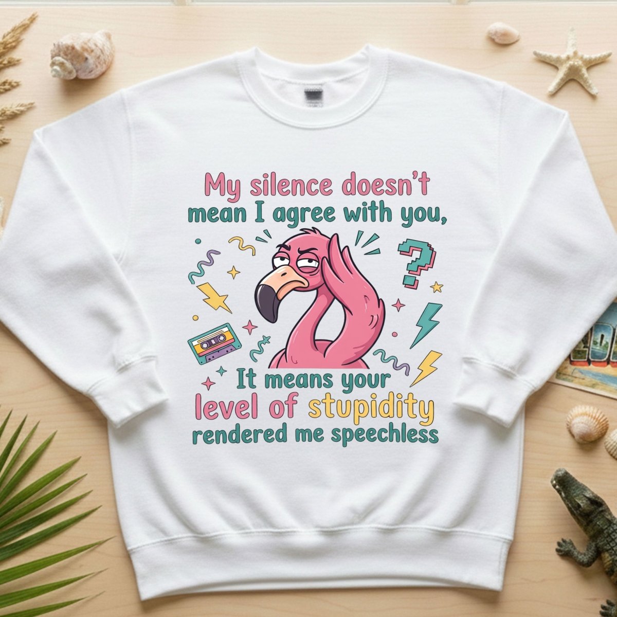 Sarcastic Flamingo "My Silence Doesn't Mean I Agree" T-Shirt - Retro 80s Humor Tee for Sassy Women - FlamingoAholic