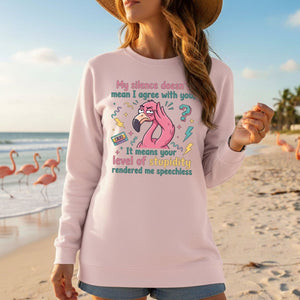 Sarcastic Flamingo "My Silence Doesn't Mean I Agree" T-Shirt - Retro 80s Humor Tee for Sassy Women - FlamingoAholic
