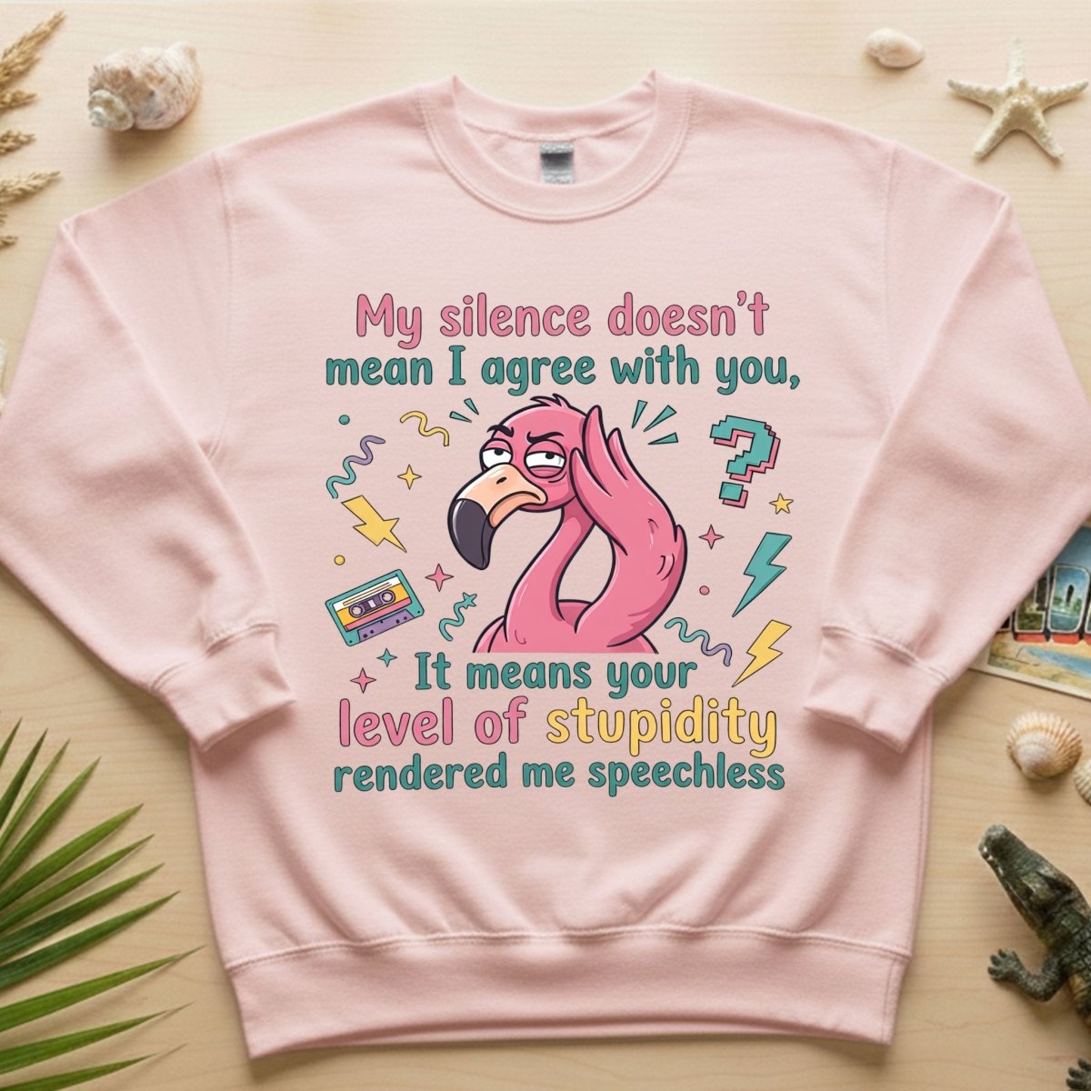 Sarcastic Flamingo "My Silence Doesn't Mean I Agree" T-Shirt - Retro 80s Humor Tee for Sassy Women - FlamingoAholic