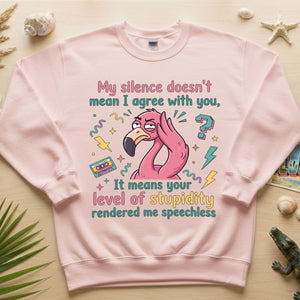 Sarcastic Flamingo "My Silence Doesn't Mean I Agree" T-Shirt - Retro 80s Humor Tee for Sassy Women - FlamingoAholic