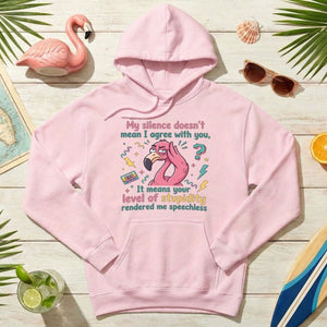 Sarcastic Flamingo "My Silence Doesn't Mean I Agree" T-Shirt - Retro 80s Humor Tee for Sassy Women - FlamingoAholic