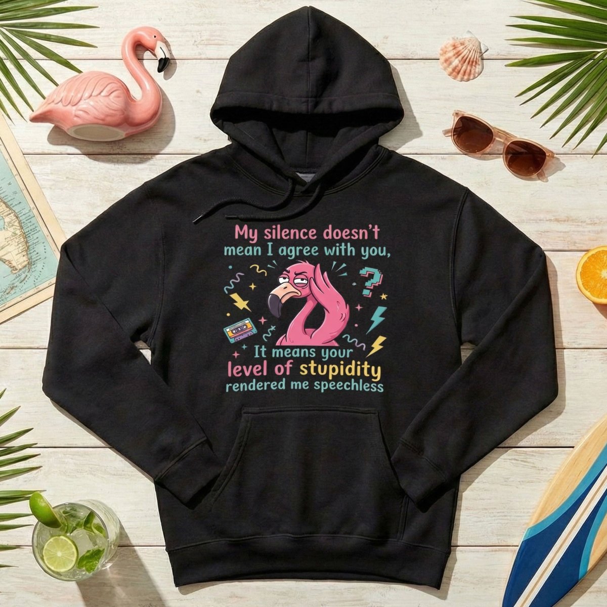 Sarcastic Flamingo "My Silence Doesn't Mean I Agree" T-Shirt - Retro 80s Humor Tee for Sassy Women - FlamingoAholic