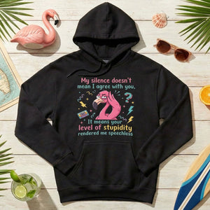 Sarcastic Flamingo "My Silence Doesn't Mean I Agree" T-Shirt - Retro 80s Humor Tee for Sassy Women - FlamingoAholic