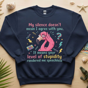 Sarcastic Flamingo "My Silence Doesn't Mean I Agree" T-Shirt - Retro 80s Humor Tee for Sassy Women - FlamingoAholic